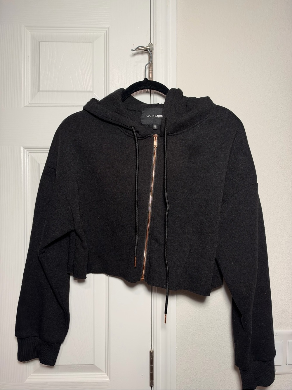 Fashion Nova Black Cropped Zip Hoodie with Rose Gold Zipper
